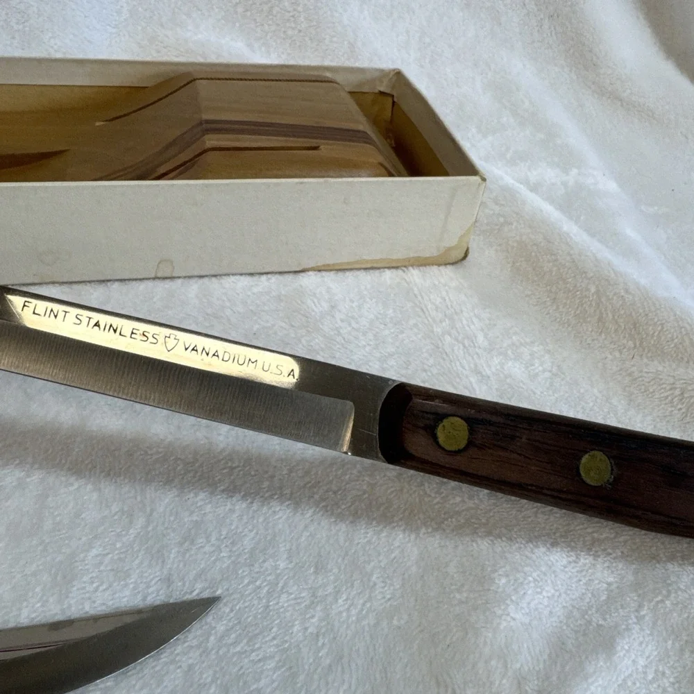 Vtg. EKCO FLINT Cutlery Set Stainless Vanadium Carving 3pc Set Knife Block & Box